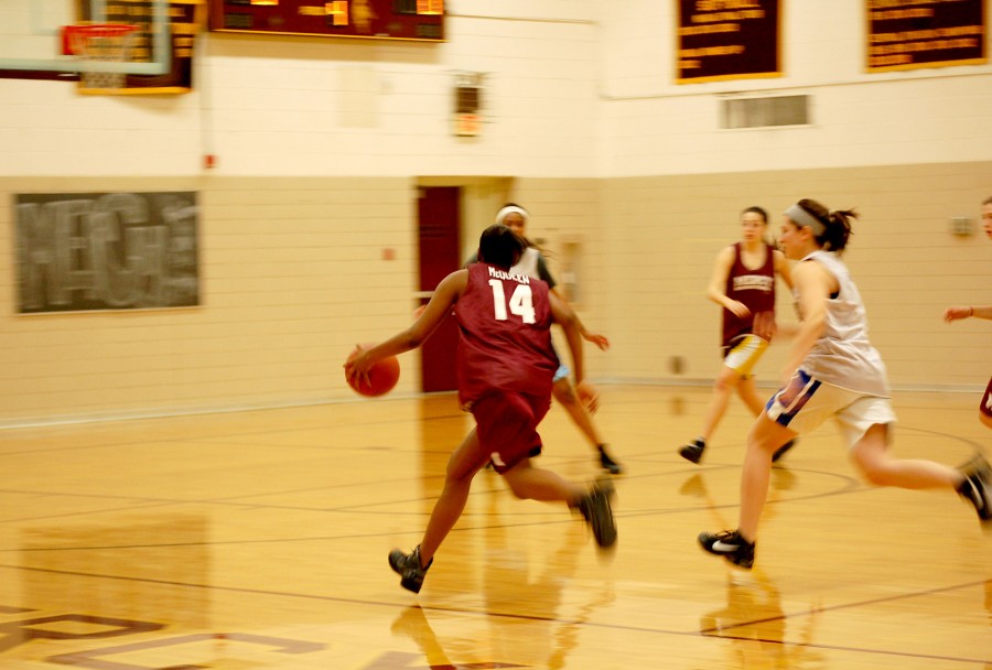 Senior Janelle McQueen dribbles down the court to take a shot.