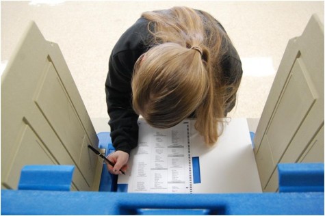 Senior Anna Larson prepares to vote in a real voting booth, set up in the school lobby.