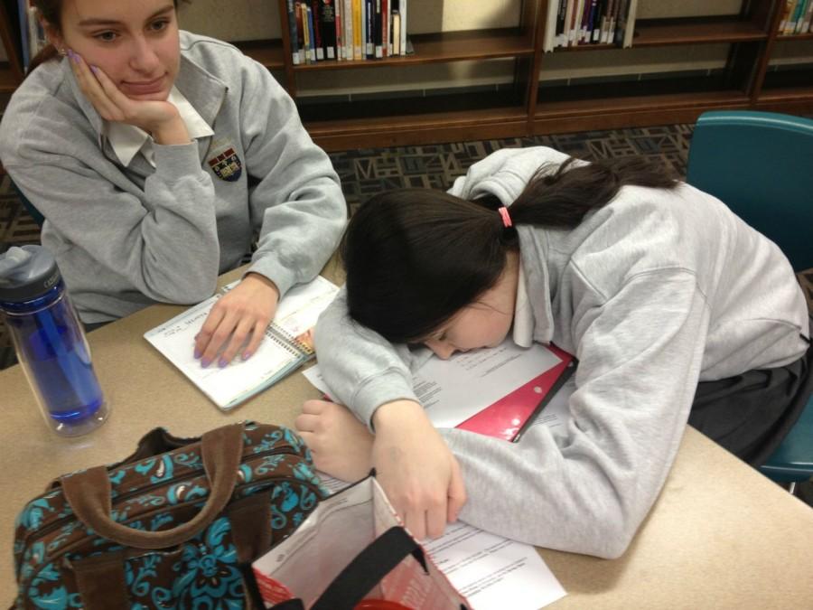 Junior Tillie Kozlowski is exhausted while studying for her upcoming US History test.   Photo Credit: Teagan Dillon