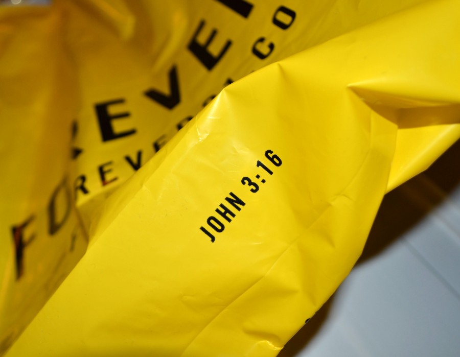 Forever 21 bags have the Bible verse John 3:16 written on the bottom.