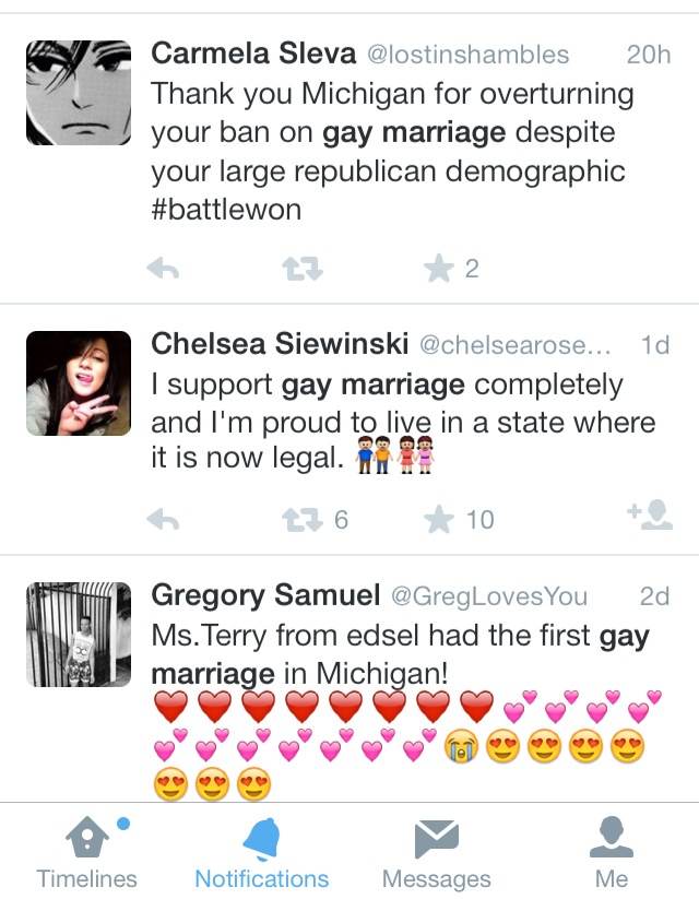 Shortly after gay marriage was legalized in the state of Michigan people immediately retreated to twitter as an outlet to express their emotions regarding the controversial law being lifted. 
