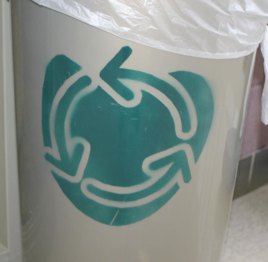 Green Club encourages recycling throughout all of Mercy by decorating the recycling bins. We may add funny pictures to them, said Andrea Elmore, something funny that will make people want to recycle (Photo Credit: Allia McDowell). 