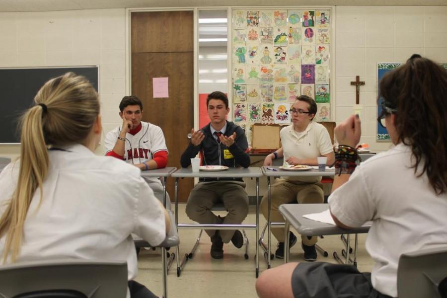 Students Billy Gischa, Harrison Coe, Steve Lansky, and Ryan Doyle shared their opinions on various pro-life topics at this year’s boy panel
(Photo Credit: Emma Mallon). 