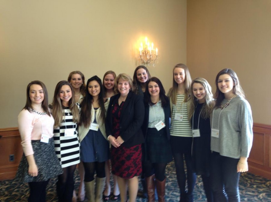 Students met with 37th District State Representative Christine Greig, another conference attendee.
(Left to right: Morgan Pfaff, Megan Haase, Kelly Eusebi, Halle Mohr, Rachel Wagner, State Representative Christine Greig, Chrissie Clayton, Eleanor K., Sarah Henning, Julia Petroff, and Katelyn Toloff)
(Photo Credit: Ms. Cindy Richter). 

