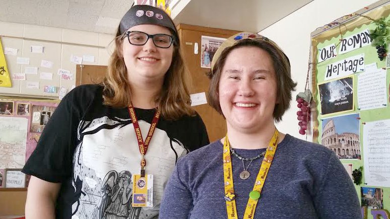 Sophomores Lilian Lebednick (left) and Ellie Janitz (right) made their own crowns out of toilet paper and decorated them with gems and stickers (Photo credit: Ihechi Ezuruonye).