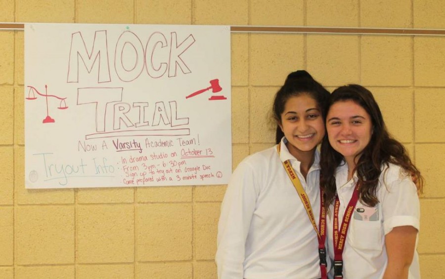 Senior co-captains of Mercys Mock Trial team Kathryn Dunleavy and Nadia Hakim are excited to begin tryouts for the team and get started working on this years case.  (Photo credit: Alana Sullivan)