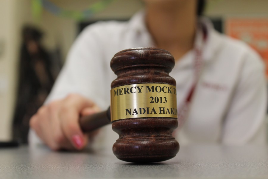 The ten members of Mercy’s Mock Trial team will perform their simulated court case for the first time at the Mock Trial regional competition on Feb. 27 after four months of preparation. (Photo credit: Alana Sullivan)