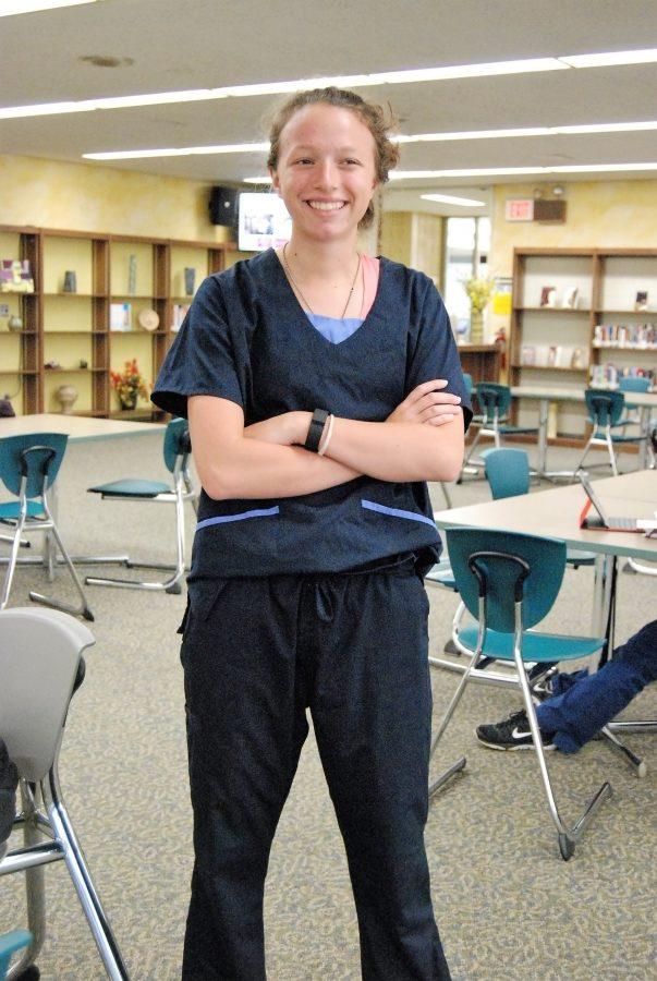 Sophomore Alexis Dickie scrubs in as Christina Yang on Netflix or Chill Day. (Photo Credit: Emma Tomsich