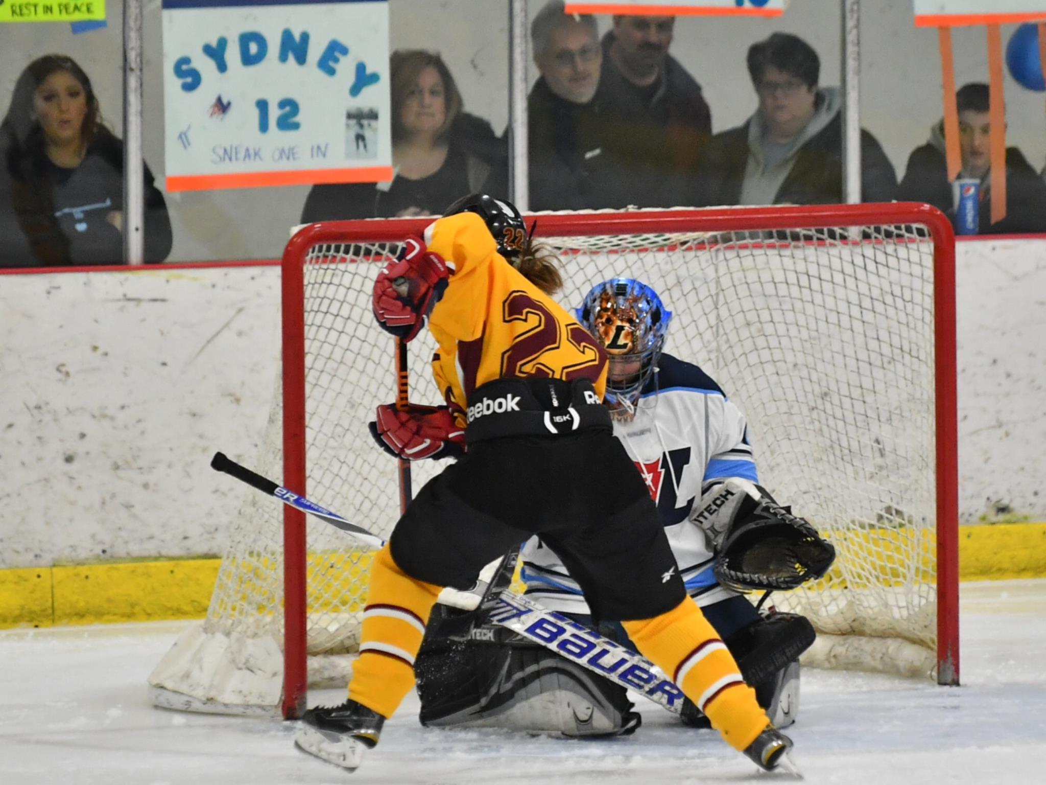Senior Hannah Roegner goes in for a goal against Ladywood at the ice
hockey state finals on Saturday. (Photo Credit: Mercy Varsity Hockey)