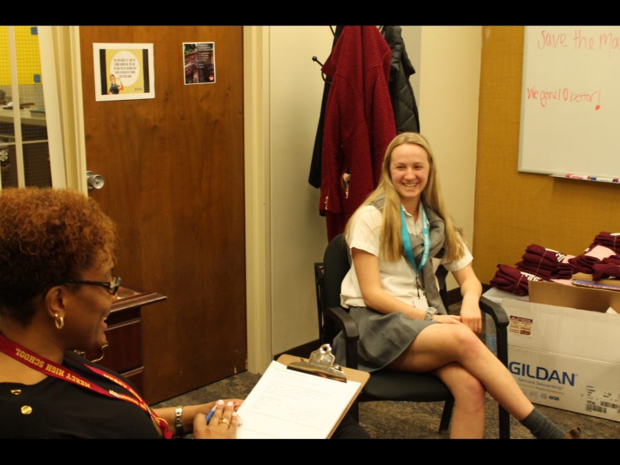 Mary Doman, a junior running for student council president, has her interview with Mrs. Tarplin. (Photo Credit: Jasmine Williams)