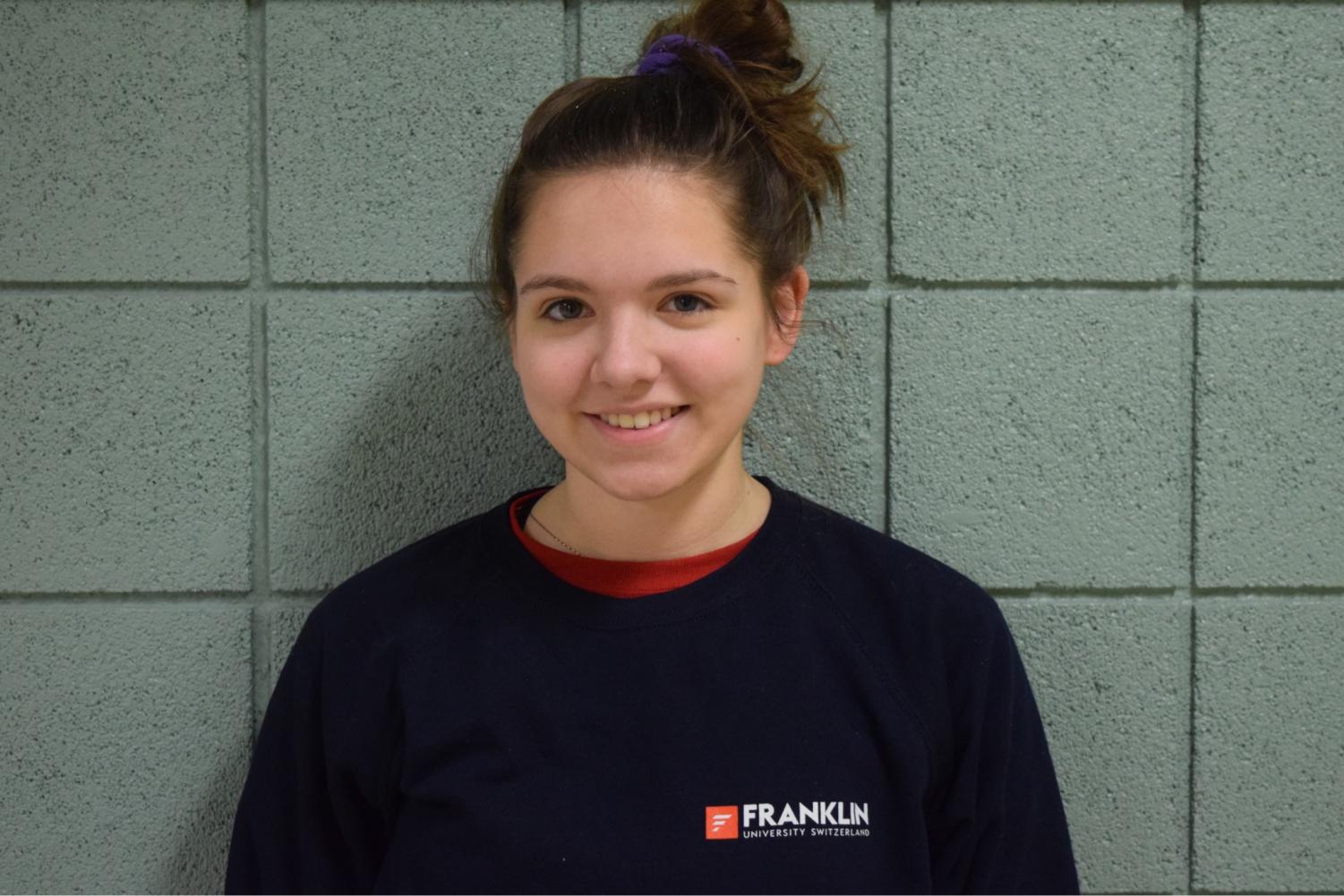 Senior Sara Szuba wears her Franklin University Switzerland sweatshirt to show support for the school she wil be attending in the fall.
