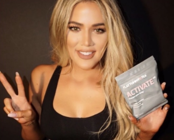 Khloé  Kardashian promoting a weight loss tea from the controversial “FLATTUMMYCO” product line.
Fair Use: Instagram