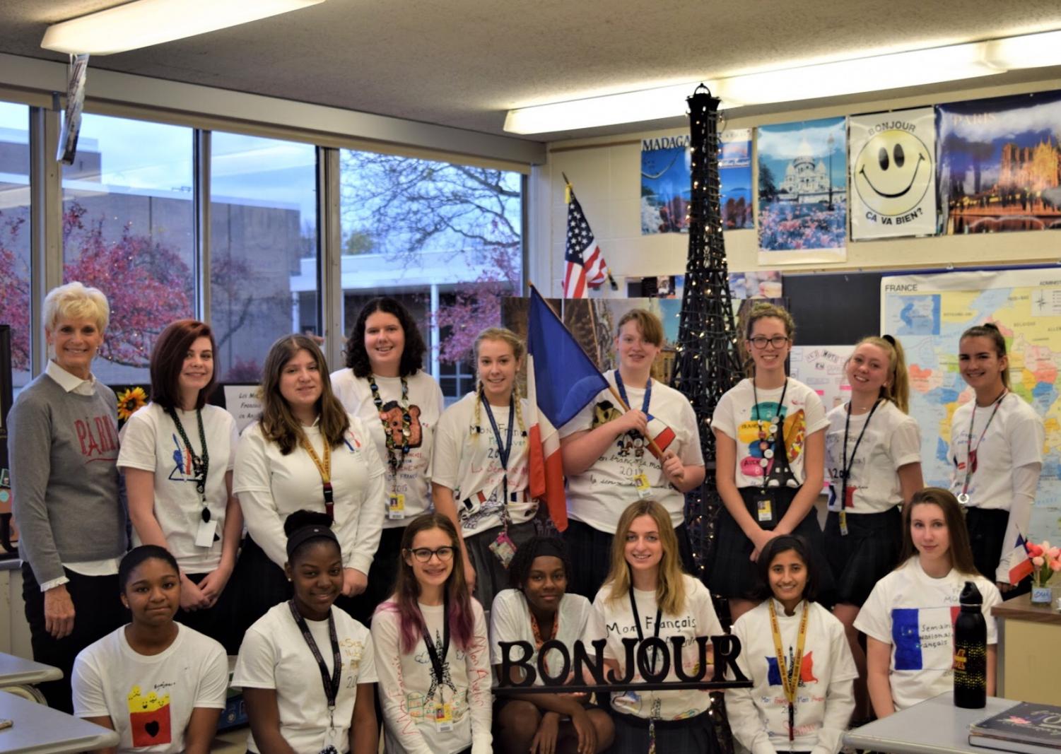 The French two class celebrates French Week by showcasing their self-designed shirts.
Photo by Julia Canty
