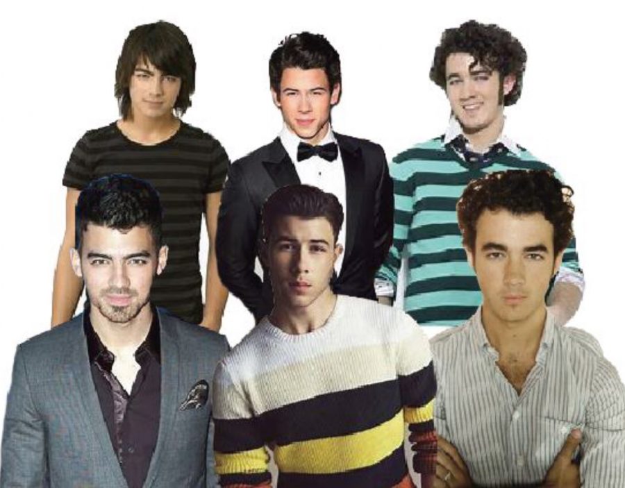 Images of Joe, Nick, and Kevin Jonas from 2019 with their 2013 selves behind them. 
Fair use: Creative Commons