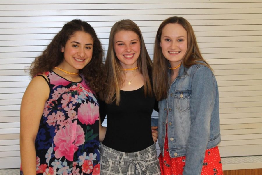 Juniors Suha Qashou (left), Paige Skorupski (middle), and Nicole Yaekle (right) acknowledge their success over their three years at Mercy after being inducted into the National Honor Society. 
Photo by Bella Aprilliano 