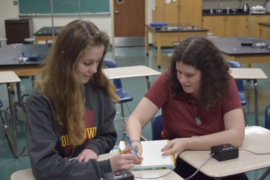 Juniors Laura Boesch (left) and Jill Grubb (right) looking over their notes before their next game against the University of Detroit Jesuit (UoD Brown). Photo by Emily Walugembe
